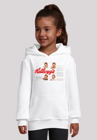 White hooded sweatshirt featuring Kellogg's branding and images of children on the front, with a pocket at the waist.