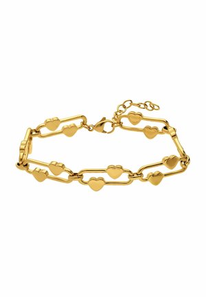 Gouden armband met hartvormige schakels verbonden door ovale schakels en een karabijnsluiting met verstelbare ketting.