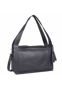 Schwarze Lederhandtasche mit glatter Textur, rechteckiger Form, zwei Tragegurten und einem Quastenakzent auf einer Seite. Verstellbarer Umhängegurt verfügbar.