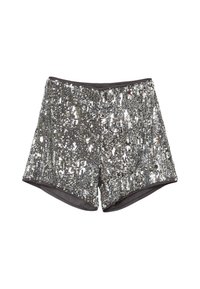 Silberne mit Pailletten besetzte Shorts mit hoher Taille und einem glatten dunklen Innenfutter, entworfen für festliche oder Abendgarderobe.