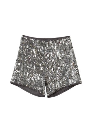 Silberne mit Pailletten besetzte Shorts mit hoher Taille und einem glatten dunklen Innenfutter, entworfen für festliche oder Abendgarderobe.