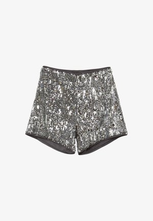 Pantaloni shorts coperti di paillettes argento con vita alta e una morbida fodera interna scura, progettati per un abbigliamento festivo o serale.