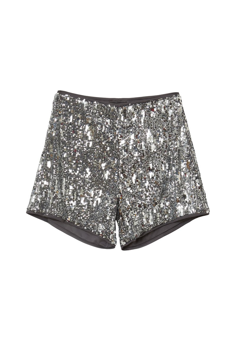 Silberne mit Pailletten besetzte Shorts mit hoher Taille und einem glatten dunklen Innenfutter, entworfen für festliche oder Abendgarderobe.