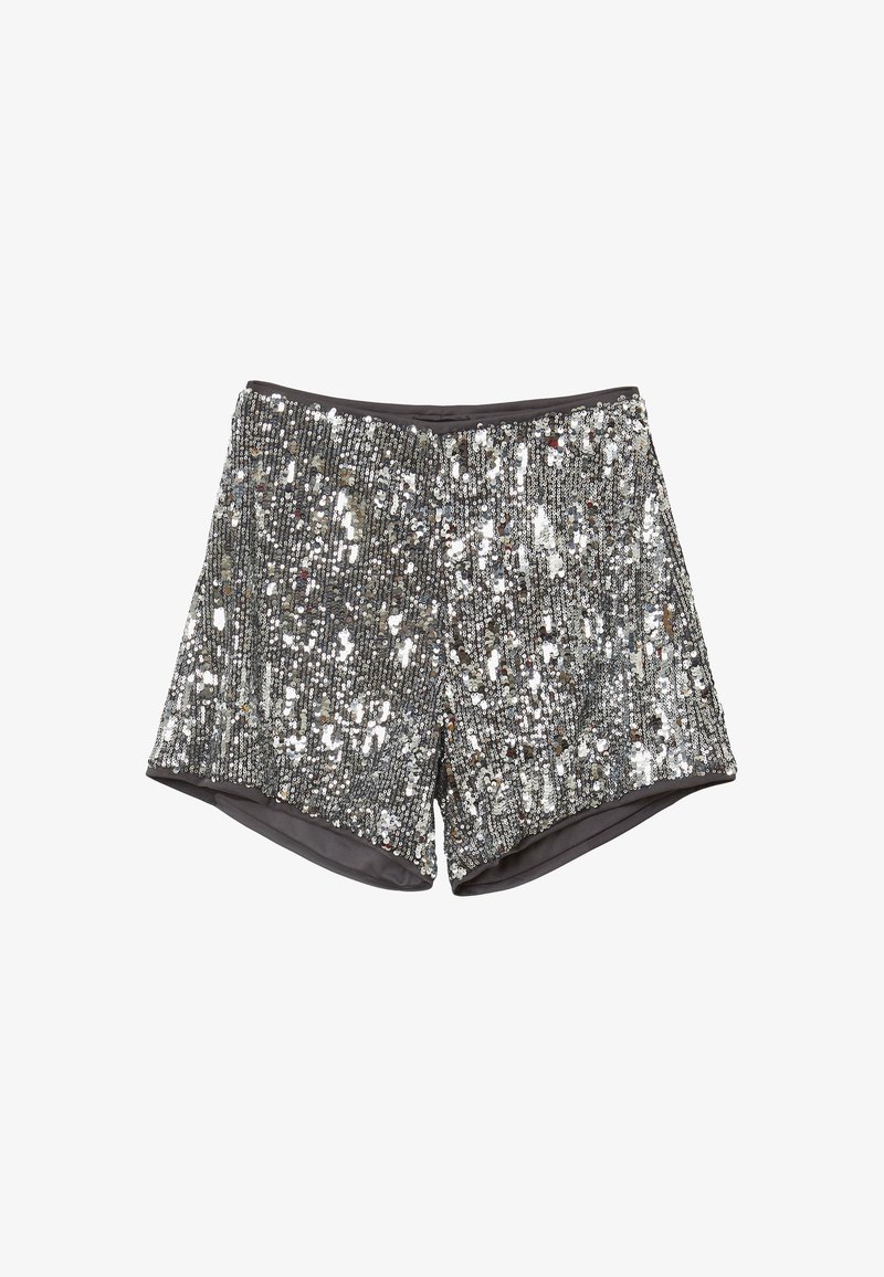 Silver sequin-covered shorts with a high waist and a smooth dark inner lining, designed for festive or evening wear.
