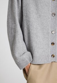 Cardigan grigio realizzato in materiale morbido, con polsini a coste e chiusura a bottoni con grandi bottoni rotondi. Indossato sopra pantaloni chiari.