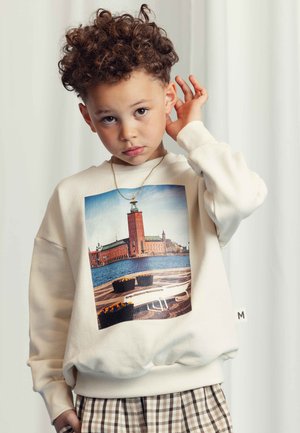 Felpa color crema con una grande stampa grafica di un paesaggio urbano. Presenta polsini a coste e una vestibilità casual. Indossata sopra pantaloni a scacchi.