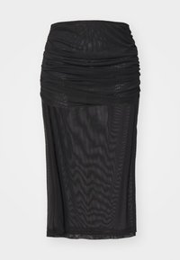 Schwarzer, transparenter Midirock mit geraffter Textur an der Taille und glatter Oberfläche. Figurschmeichelnde Silhouette, leichtes Material und dezenter Glanz.