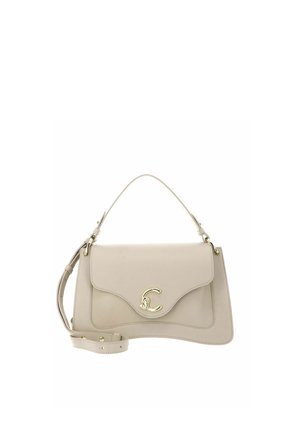 Beige leather handbag with curved flap, gold "C" logo clasp, top handle, and detachable shoulder strap with gold studs.