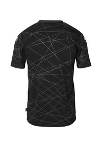 Zwarte shirt met korte mouwen en een diagonaal lijnpatroon in grijstinten, gemaakt van een soepele, lichte stof. Groen label aan de zoom.