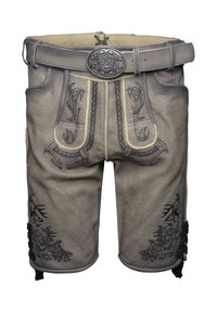 Helle graue Ledershorts mit dekorativer Geweberstickerei. Verfügt über einen Gürtel mit einer Metallschnalle und seitlichen Schnürakzenten zur Anpassung der Passform.