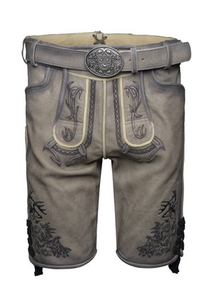 Shorts in pelle di un grigio chiaro con ricamo decorativo di corna. Presentano una cintura con una fibbia in metallo e lacci laterali per la regolazione della vestibilità.