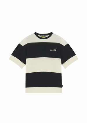 Maglia a maniche corte in maglia con ampie strisce orizzontali nere e crema e piccolo logo bianco sul petto sinistro.