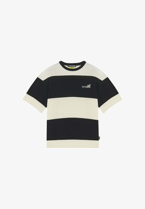 Maglia a maniche corte in maglia con ampie strisce orizzontali nere e crema e piccolo logo bianco sul petto sinistro.