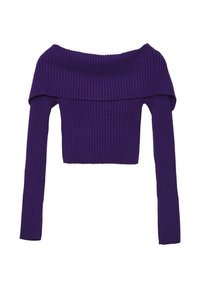 Lila, schulterfreies, geripptes Cropped-Top mit langen Ärmeln, das aus einem strukturierten Stretchstoff besteht und ein gefaltetes Kragen-Design aufweist.