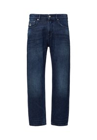 Granatowe dżinsy o prostym kroju, z zapięciem na guziki z przodu, pięcioma kieszeniami i subtelnymi detalami w postaci przetarć.