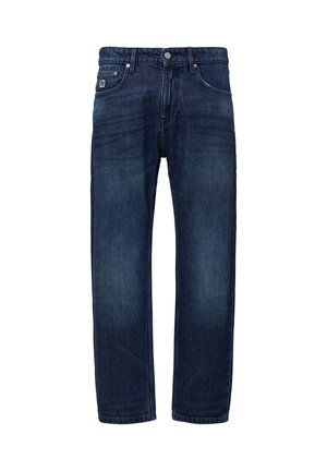 Jeans in denim blu scuro con taglio dritto, dotati di chiusura con bottone frontale, cinque tasche e un delicato effetto sbiadito.