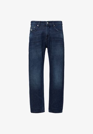 Dunkelblaue Jeans aus Denim mit geradem Schnitt, ausgestattet mit einem frontalen Knopfverschluss, fünf Taschen und dezenten Fading-Details.