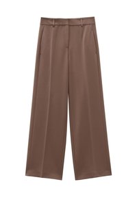 Braune weite Hosen aus glattem Stoff, mit einem Bund mit Gürtelschlaufen, seitlichen Taschen und einer taillierten Silhouette.