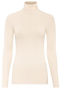 Cremefarbener, gerippter Strickpullover mit Rollkragen, langen Ärmeln und figurbetontem Schnitt.
