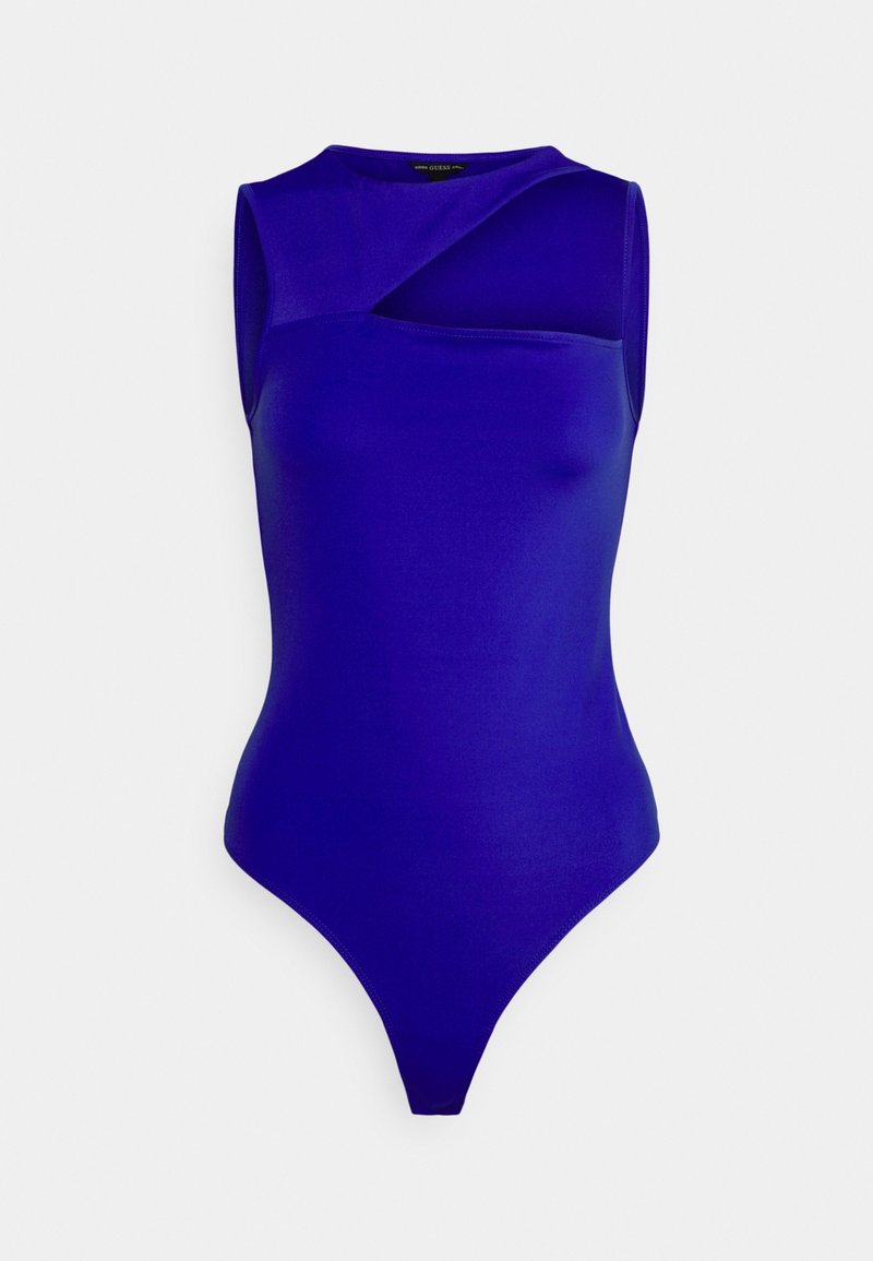 Body violet sans manches avec un détail découpé et un col rond. Tissu lisse avec une coupe ajustée et des ouvertures de jambe taille haute.