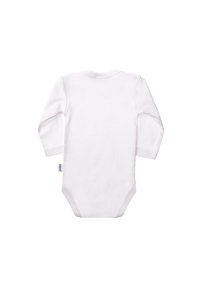 Langarm-Bodysuit aus weichem Baumwollstoff in Weiß, mit rundem Ausschnitt, Druckknöpfen im Schritt und einem Etikett auf der linken Seite.