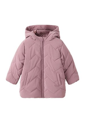 Helllila gesteppte Kinderjacke mit Kapuze, Frontreißverschluss und zwei Seitentaschen, gezeigt auf weißem Hintergrund.