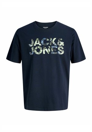 T-shirt en coton bleu marine avec un lettrage "JACK & JONES" audacieux et multicolore, orné d'un motif de feuilles. Manches courtes et encolure ronde.