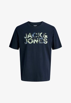 Μπλε ναυτικό βαμβακερό t-shirt με έντονα, πολύχρωμα γράμματα «JACK & JONES» με φυτικό μοτίβο. Κοντά μανίκια και στρογγυλή λαιμόκοψη.
