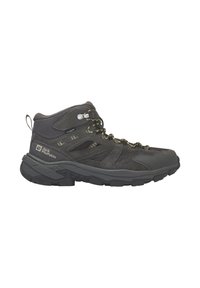 Scarpa da trekking grigio scuro realizzata in materiali in rete e suede, con dettagli gialli e una suola in gomma testurizzata per aderenza e supporto.
