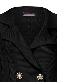 Černý pletený cardigan s šálovým límcem, kabelkovou texturou a dvojitým zapínáním na knoflíky s brandingem "Felix Hardy" na knoflících.