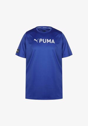 Blå kortärmad sportskjorta i slät syntetisk material. Har vit PUMA-logga på framsidan och branding på ärmen.