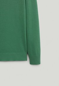 Sweat-shirt vert avec ourlet et poignets côtelés, fabriqué en tissu doux. Présente un design minimaliste sans motifs visibles ni détails métalliques.