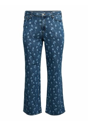 Dark blue denim jeans with light blue floral pattern, five-pocket style, button closure, and slightly flared legs.