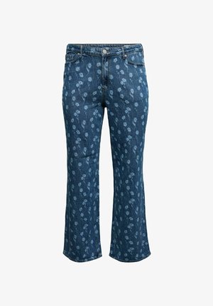 Dark blue denim jeans with light blue floral pattern, five-pocket style, button closure, and slightly flared legs.