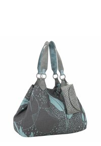 Borsa a tracolla con un esterno in tessuto grigio caratterizzato da un motivo a foglia turchese, morbide cinghie in pelle grigia e una pochette rimovibile con dettagli a pois.