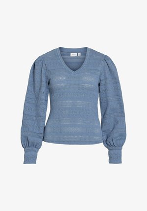 Blauwe gebreide trui met V-hals, geribbelde textuur en pofmouwen. Heeft horizontale strepen en elastische manchetten voor een aansluitende pasvorm.