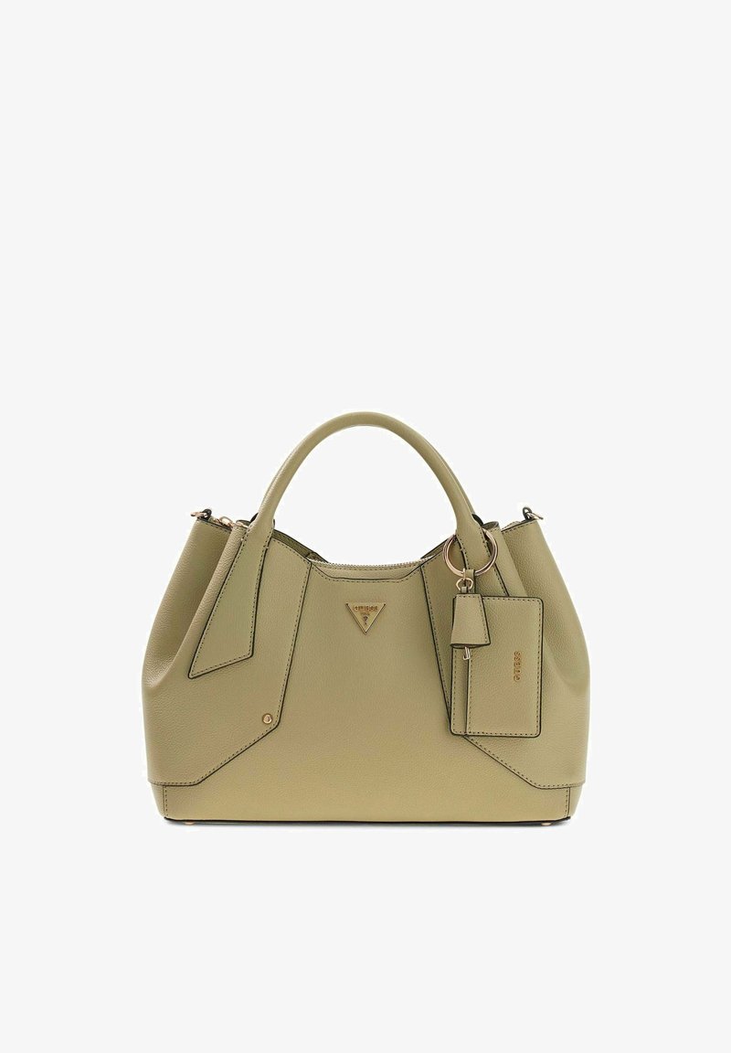 Sac à main en cuir vert olive avec deux poignées, emblème de logo triangulaire, et étiquette rectangulaire attachée avec un détail de porte-clés.