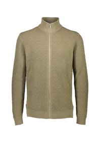 Suéter de cremallera de color verde oliva claro con un patrón de diamantes texturizado, puños y dobladillo acanalados, y un diseño de cuello alto.