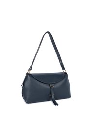 Borsa in pelle blu navy di forma arrotondata, con parte superiore piatta, tracolla regolabile e accessori in metallo color oro. Finitura testurizzata.