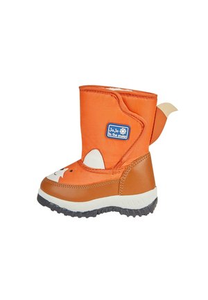 Botte d'hiver orange pour enfant avec semelle marron, détail de visage de renard blanc sur le bout, et étiquette "JoJo dans la neige" sur le côté.