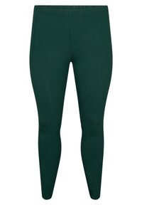 Donkergroene leggings met een gladde, rekbare textuur, voorzien van een aansluitende pasvorm en een elastische tailleband voor comfort.