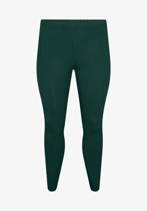 Mørkegrønne leggings med en glat, elastisk tekstur, der har en tætsiddende pasform og en elastisk talje for komfort.