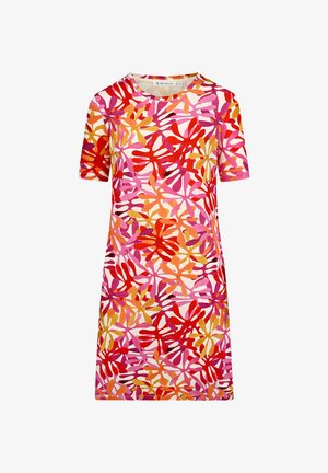Short-sleeve dress featuring a vibrant floral pattern in red, pink, and orange on a cream background, made from soft cotton fabric.