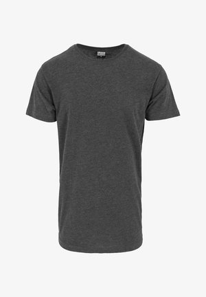 Kurzarm-T-Shirt in Dunkelgrau, aus weichem Stoff gefertigt, mit Rundhalsausschnitt und bequemer Passform, ohne Muster oder zusätzliche Akzente.