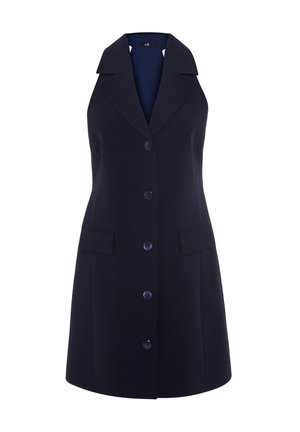 Abito senza maniche blu navy con colletto a punta, bottoni frontali e due tasche laterali. Tessuto liscio con vestibilità su misura.