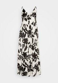 Maxiklänning med ett svart blommönster på en krämfärgad bakgrund, med djup V-ringning, justerbara axelband och plisserad design.