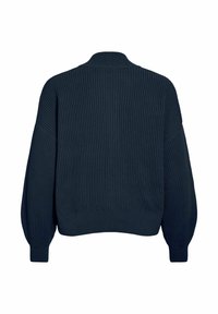 Maglione lavorato a maglia a coste blu navy con collo alto, maniche larghe e vestibilità corta. Tessuto strutturato con aspetto morbido.