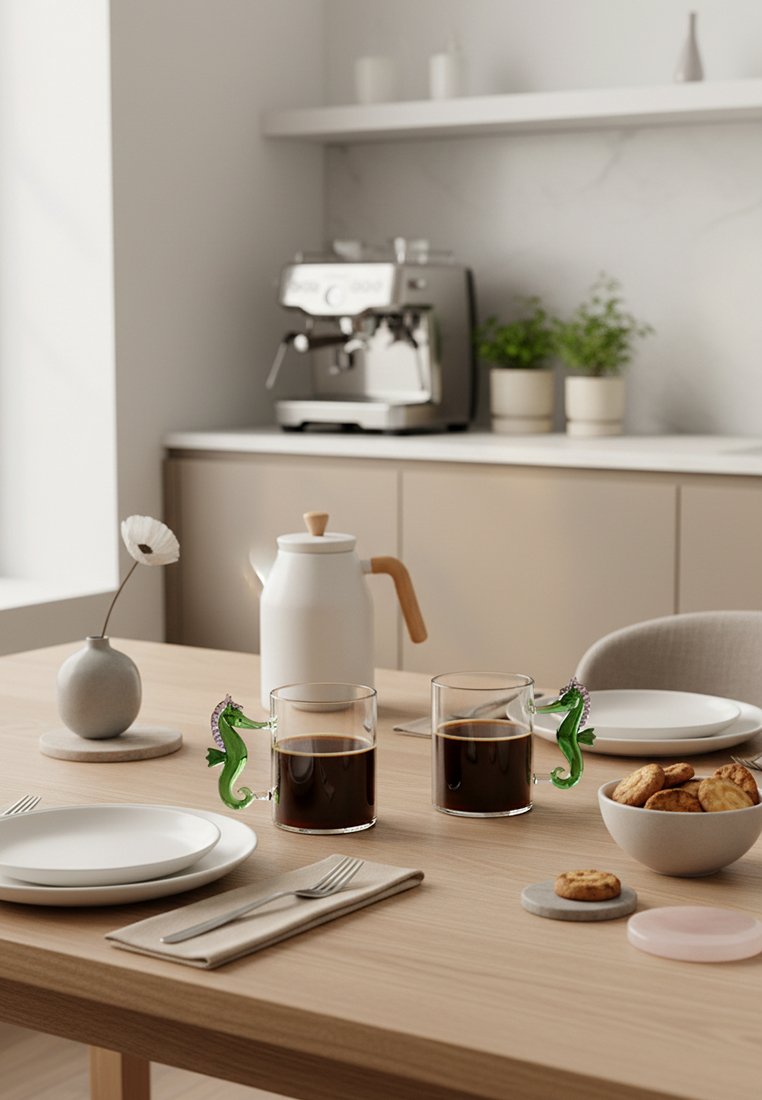 Dwa filiżanki kawy z zielonymi uchwytami w kształcie koników morskich, biały dzbanek do herbaty, talerze, sztućce oraz miska z ciastkami na drewnianym stole kuchennym.