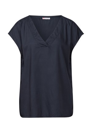 Haut court à manches courtes bleu marine foncé avec un col en V. Fabriqué en tissu léger et lisse, avec un minimum de détails et une coupe décontractée.