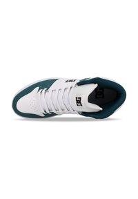 White and teal high-top sneaker with a textured upper, perforated toe, and white laces. Features logo on the tongue and side panels.
